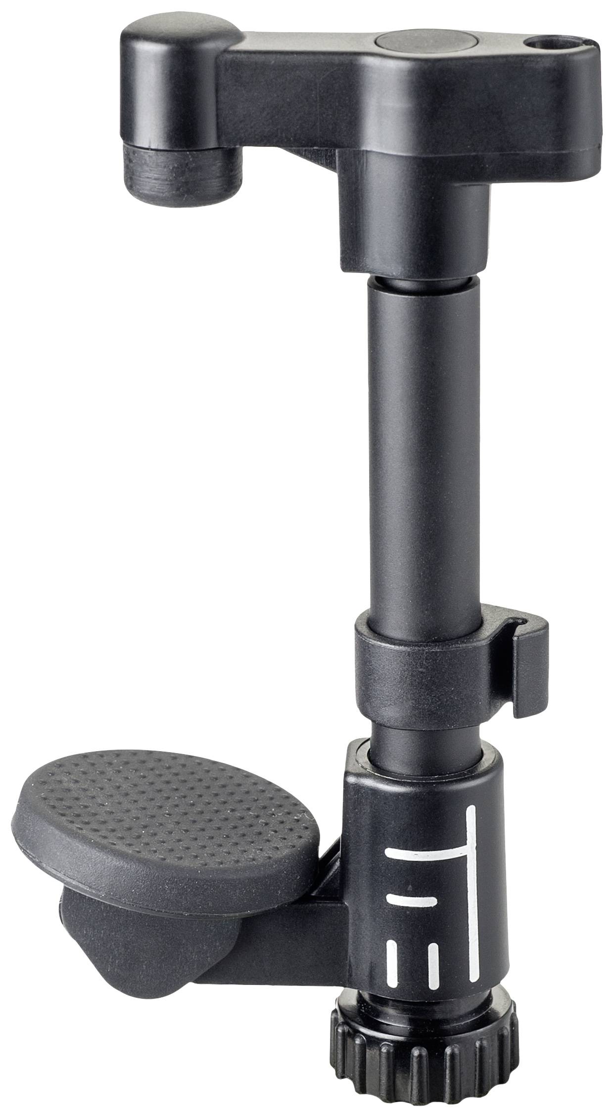 Ein schwarzer, verstellbarer Tischhalterungsarm mit zwei Gelenken, Hebel und runder Basis für flexible Befestigungsoptionen.