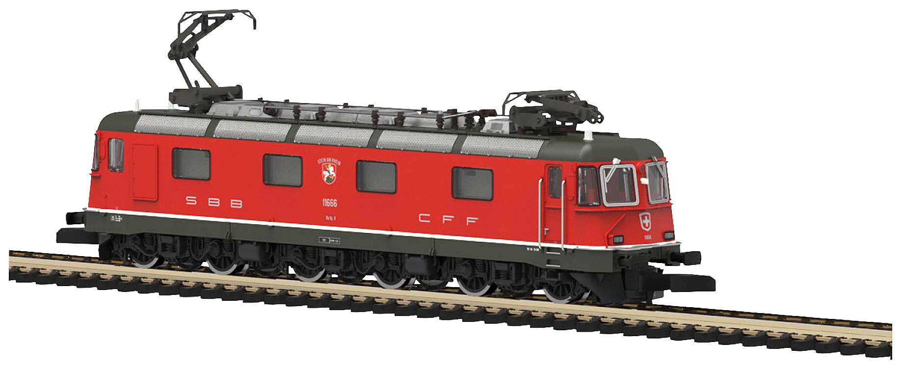 Rote Elektrolokomotive auf einem Gleis, seitlich dargestellt, mit grauem Dach und Oberleitungsbügel, beschriftet mit 'SBB' und 'CFF'.