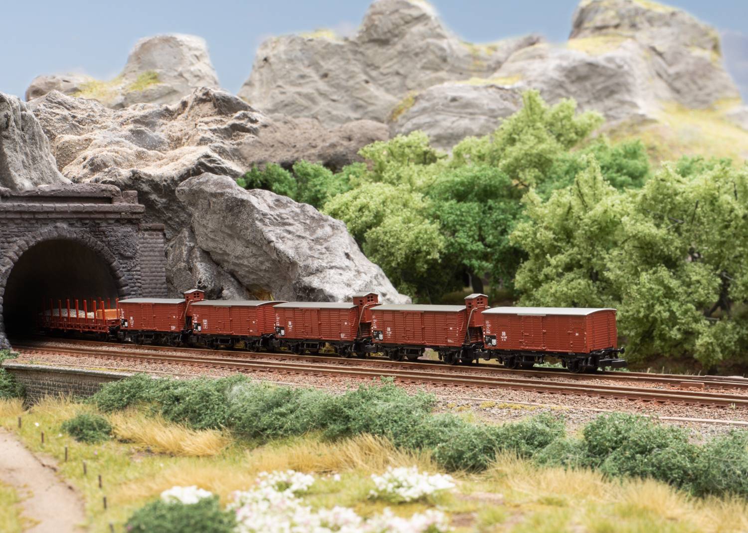 Ein Modellzug mit roten Güterwagen fährt aus einem Tunnel in einer Landschaft mit Hügeln und dichter Vegetation.