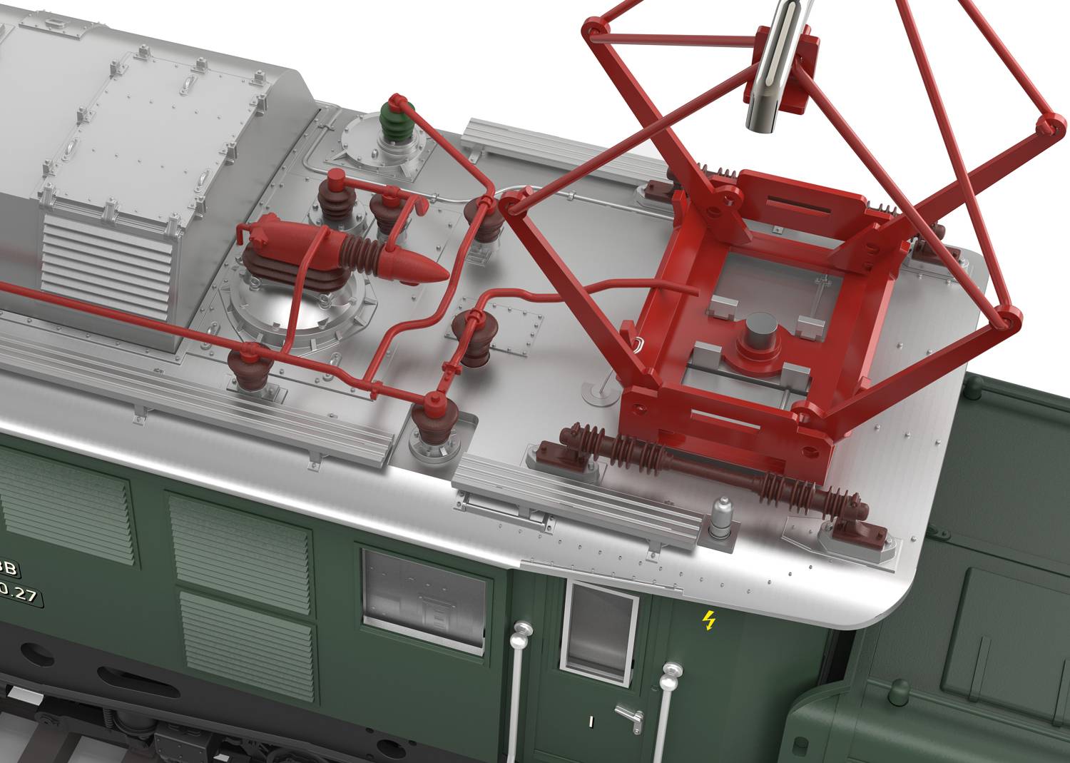 Dach einer Lokomotive mit Stromabnehmer und elektrischen Leitungen. Der Stromabnehmer ist in Rot hervorgehoben. Hauptdetail der Lokstruktur.