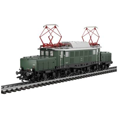 Grünes Modell einer Elektrolokomotive auf Schienen, mit roten Stromabnehmern und detaillierter Darstellung der technischen Merkmale.