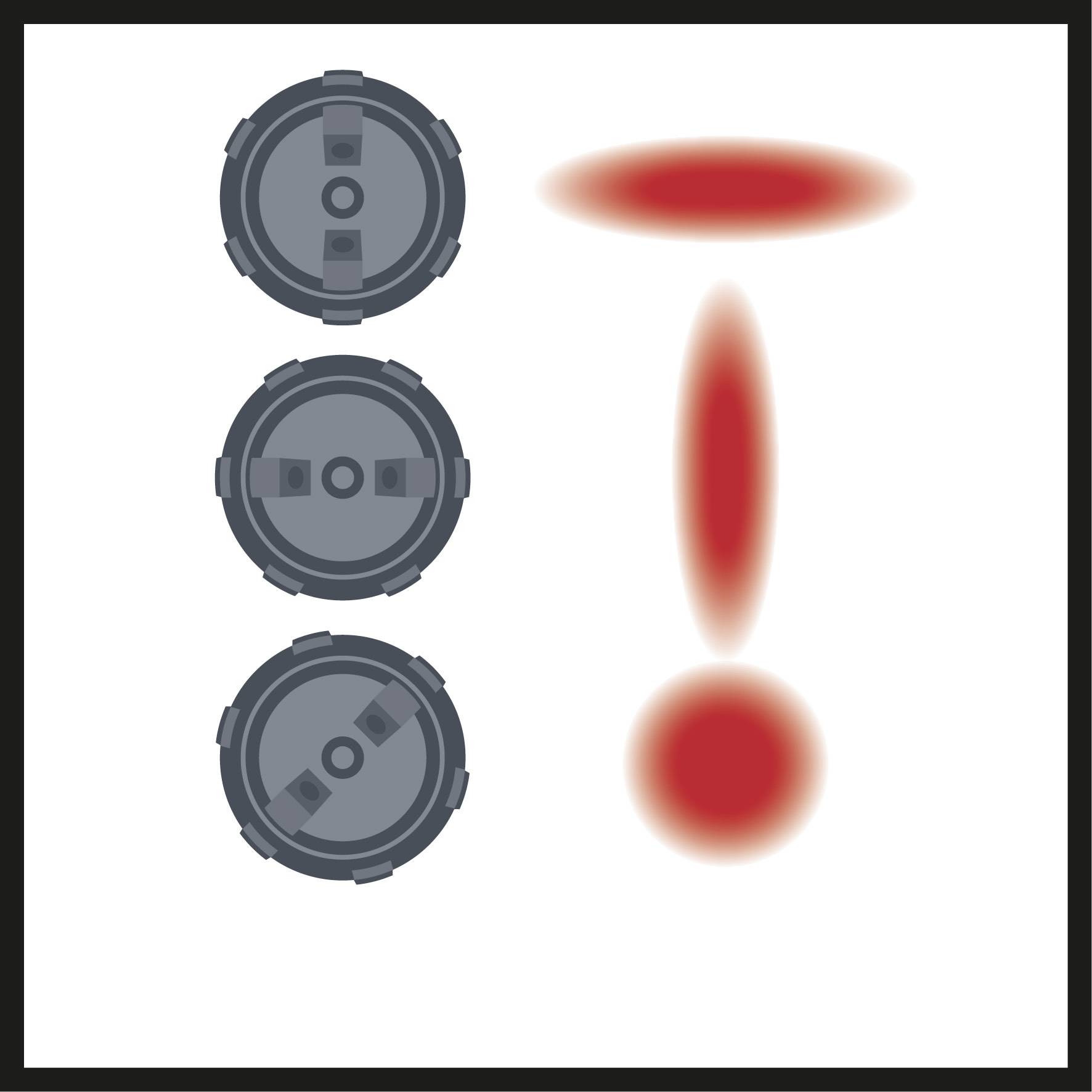 Schwarze Skizze eines Autofelgen-Layouts links, rotes Ausrufezeichen rechts.