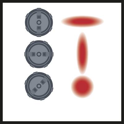 Schwarze Skizze eines Autofelgen-Layouts links, rotes Ausrufezeichen rechts.