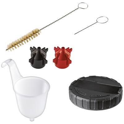 Zubehörset bestehend aus einer Reinigungsbürste, Nadel, zwei Ventilaufsätzen, Kunststoffeinsatz und einem Schraubdeckel.