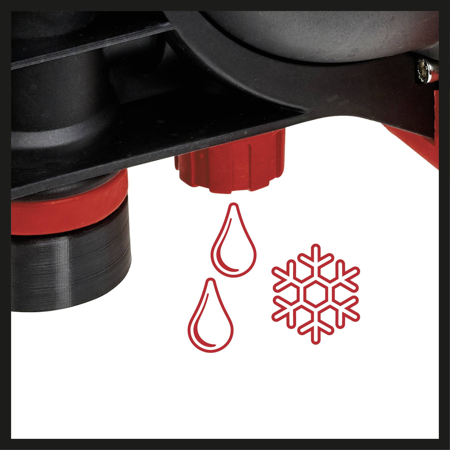 Ein Nahaufnahme eines Ventils mit roten Elementen zeigt Symbole für Tropfen und Schneeflocke, andeutend, dass es für Wasser- und Kältemittel geeignet ist.