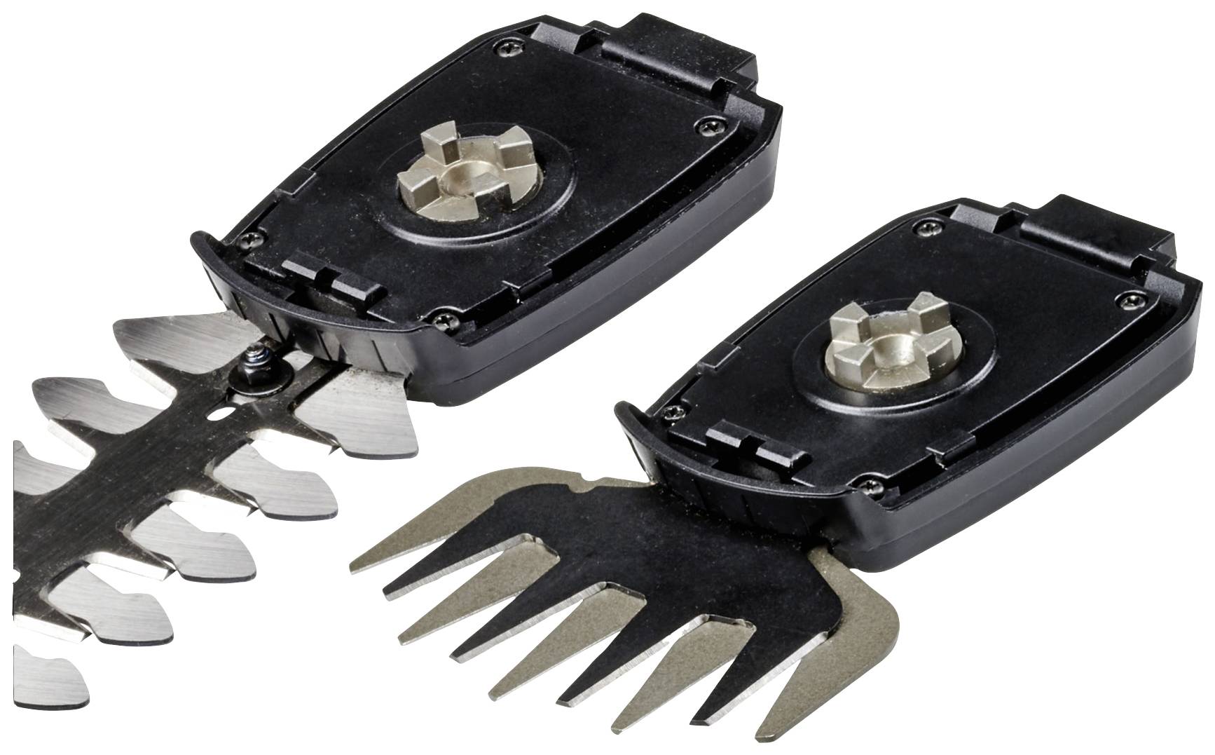 Zwei schwarze, austauschbare Aufsätze für ein Gartengerät: links Heckenschere, rechts Grasschneider. Sie sind auf weißem Hintergrund abgebildet.