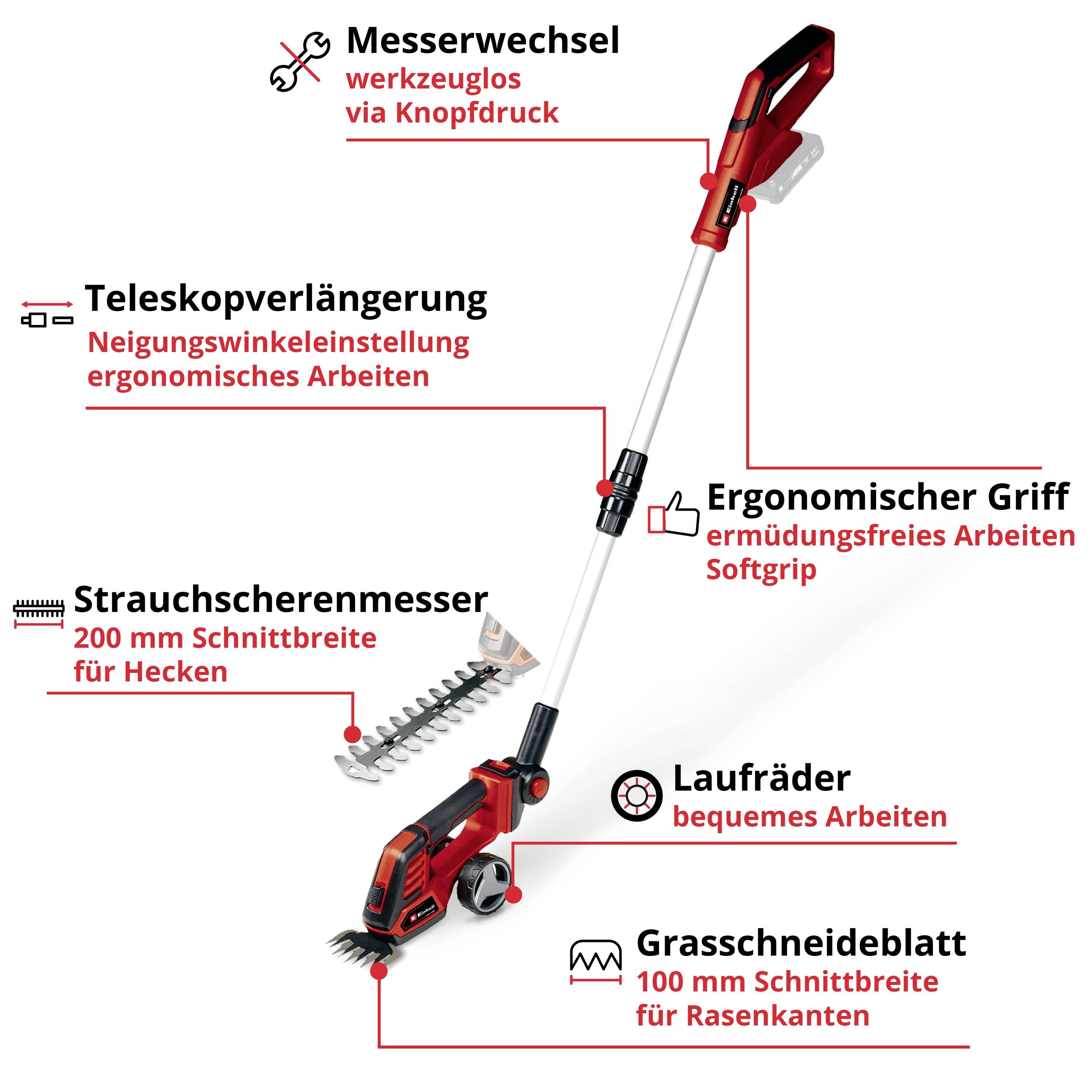 'Eine rote Heckenschere mit teleskopierbarem Griff, ergonomischem Griff, Messerwechsel per Knopfdruck und Laufrollen.'