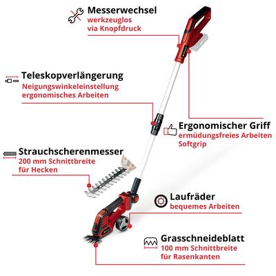 'Eine rote Heckenschere mit teleskopierbarem Griff, ergonomischem Griff, Messerwechsel per Knopfdruck und Laufrollen.'