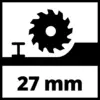 'Sägeblatt mit Zahnung über Schiene und Lücke, darunter Text: 27 mm.'