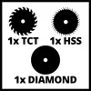 'Drei Sägeblätter: 1x TCT, 1x HSS, 1x DIAMOND.' Oben: TCT und HSS Sägeblätter, unten: Diamant-Sägeblatt.