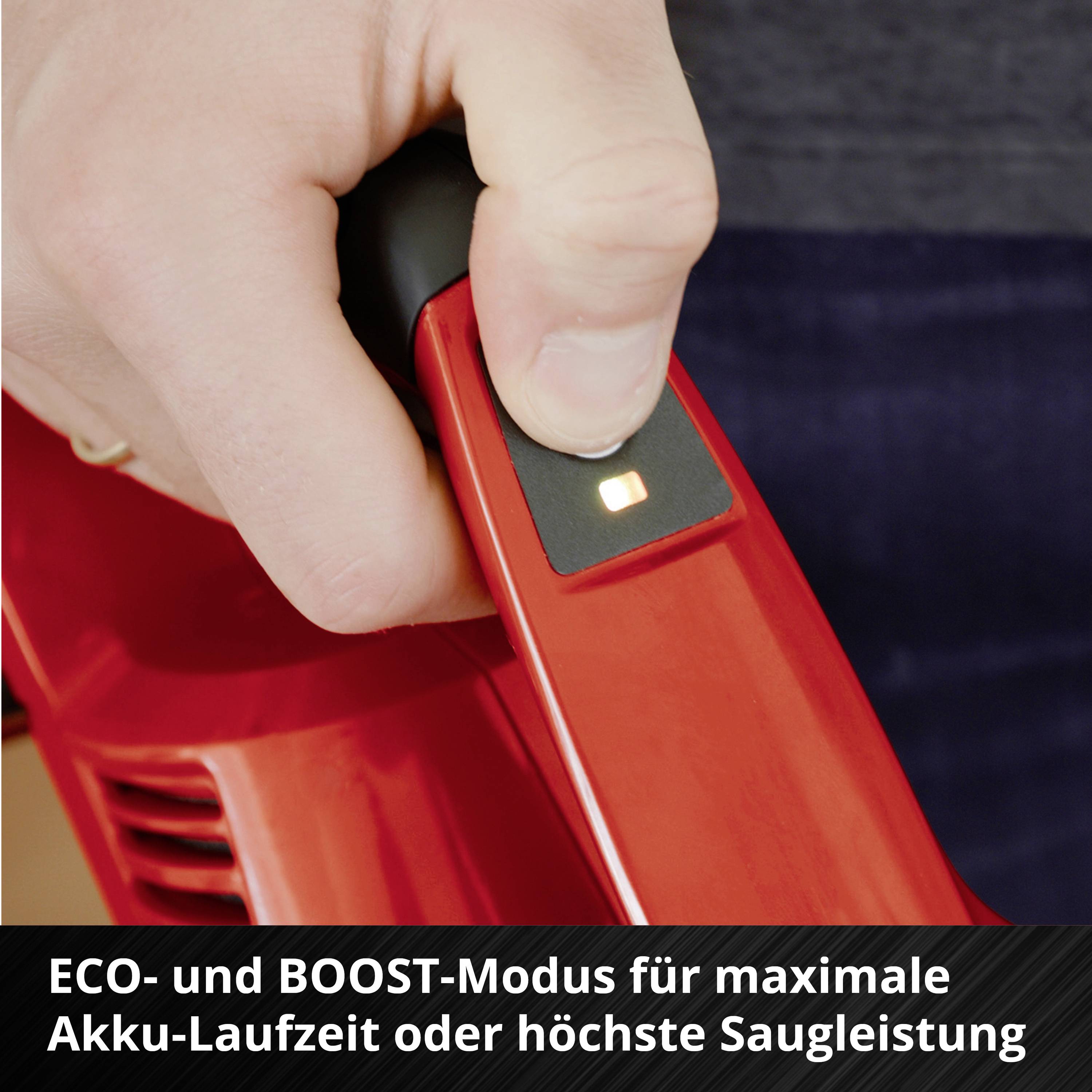 'ECO- und BOOST-Modus für maximale Akku-Laufzeit oder höchste Saugleistung' steht neben einem Daumen auf einem Staubsaugerschalter.