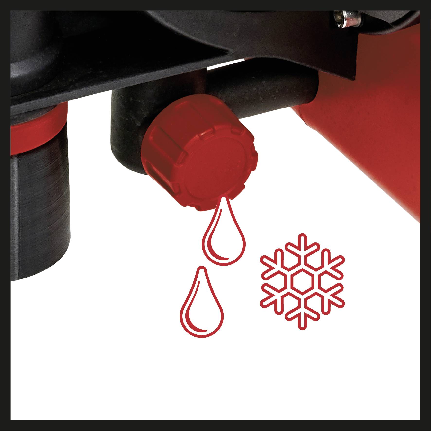 Rote Leitung mit rotem Hahn. Ein Tropfen und ein Eissymbol deuten auf Wasserablauft und Frostschutz hin.