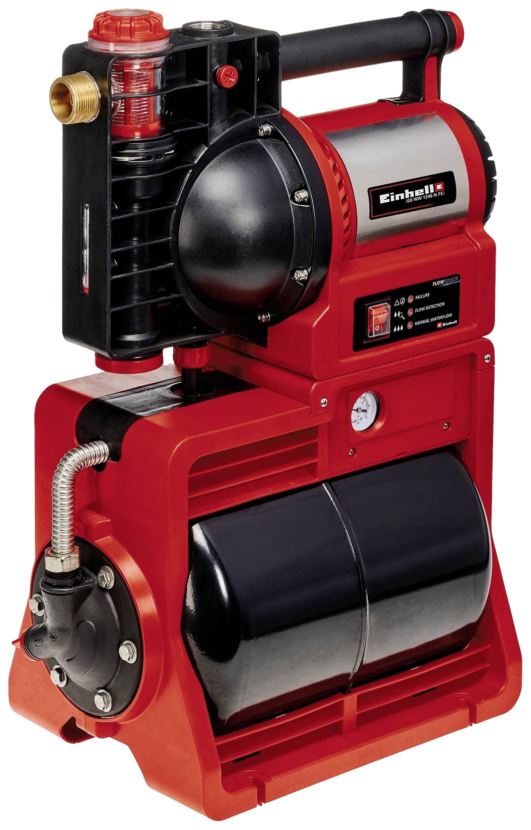 Rote Wasserpumpe mit Druckanzeige und schwarzem Tank, geeignet für Haus- und Gartenbewässerung.