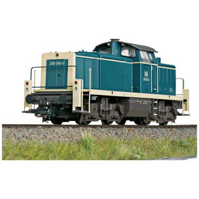 Ein blau-grünes Modelllokomotiv der Baureihe 290 steht auf einem Gleis. Sie zeigt feine Details und ist präzise gestaltet.
