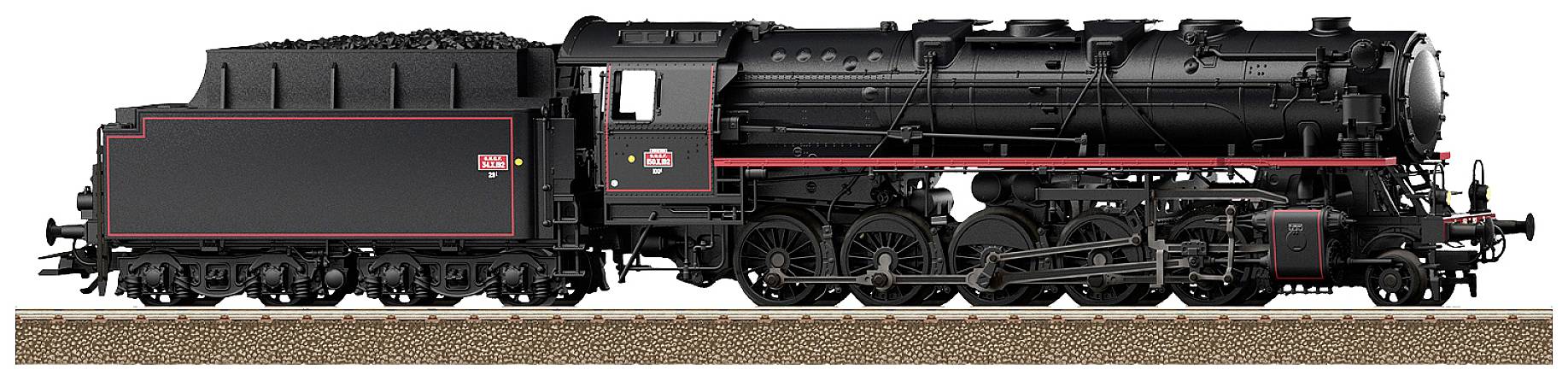 Eine historische schwarze Dampflokomotive der Deutschen Reichsbahn, seitliche Ansicht, mit roten Akzenten auf den Rädern und am Kessel.