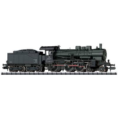 Ein schwarzes Modell einer Dampflokomotive auf Gleisen, detailliert mit mehreren Rädern und einem Wassertank, seitliche Ansicht.