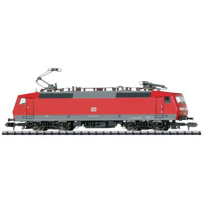 Eine rote Lokomotive der Deutschen Bahn auf einem Gleis. Sie hat ein modernes Design mit stromlinienförmiger Form und Stromabnehmer.