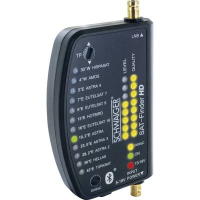 SAT-Finder-Gerät mit LEDs zur Signalstärkemessung. Zeigt Satellitennamen, Level und Qualität. Anschluss für LNB und Input Power.