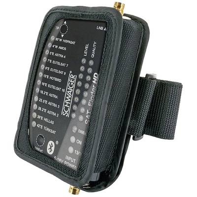 Ein Satellitenfinder-Gerät mit Display, das Pegel und Qualität für verschiedene Satelliten anzeigt. Befestigungsgurt an der Seite.