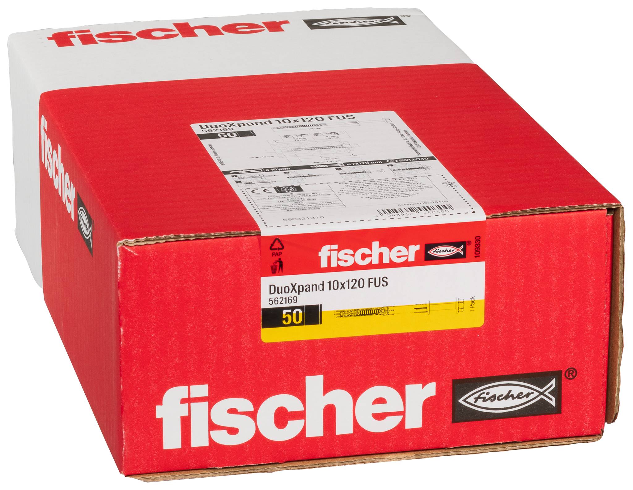 Rote Fischer-Produktbox mit Beschriftung "fischer" und "DuoXpand 10x120 FUS", mit Mengenetikett "50" auf der Vorderseite.