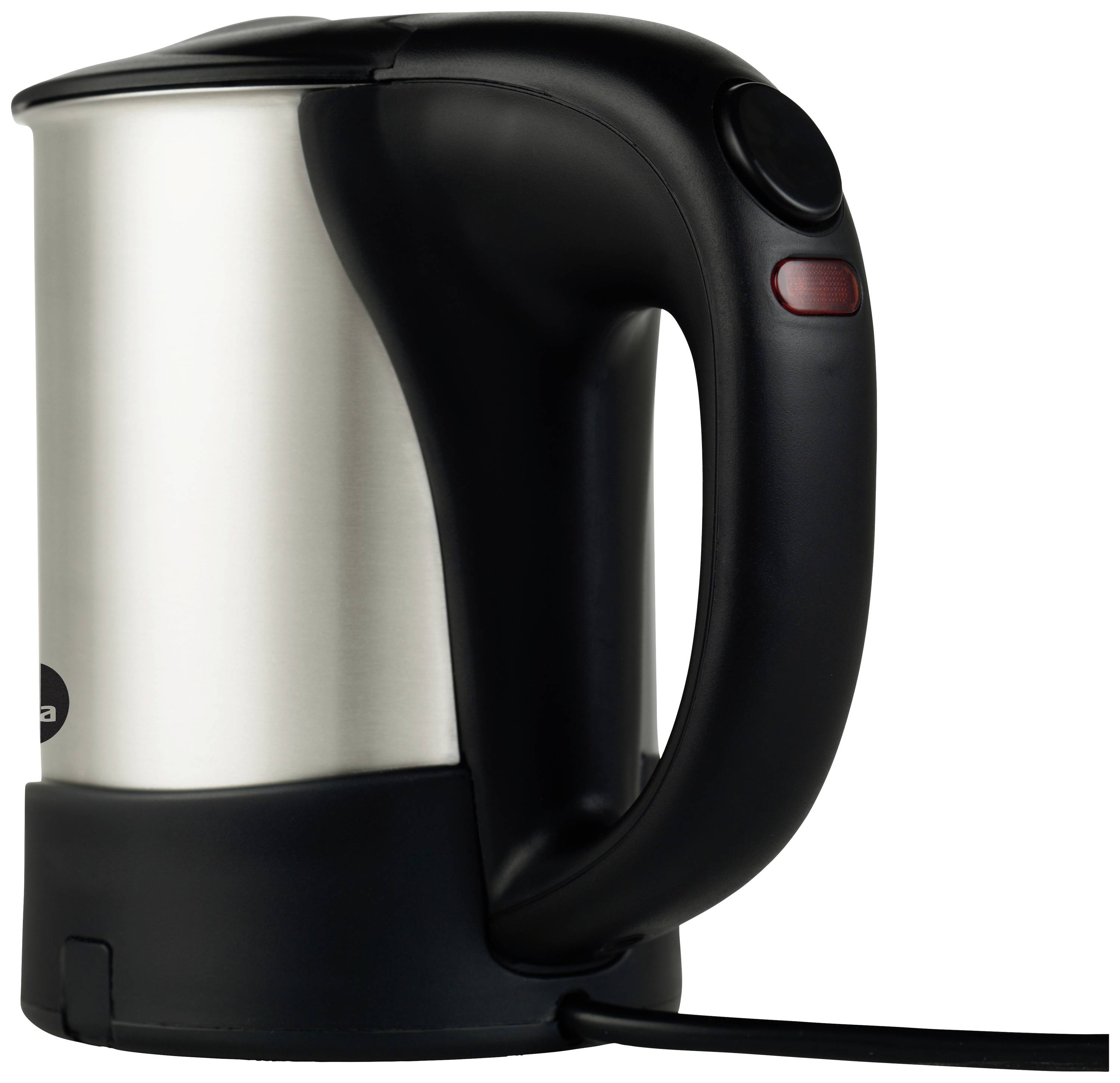 Silberner Wasserkocher mit schwarzem Griff und rotem Schalter, Seitenprofil.