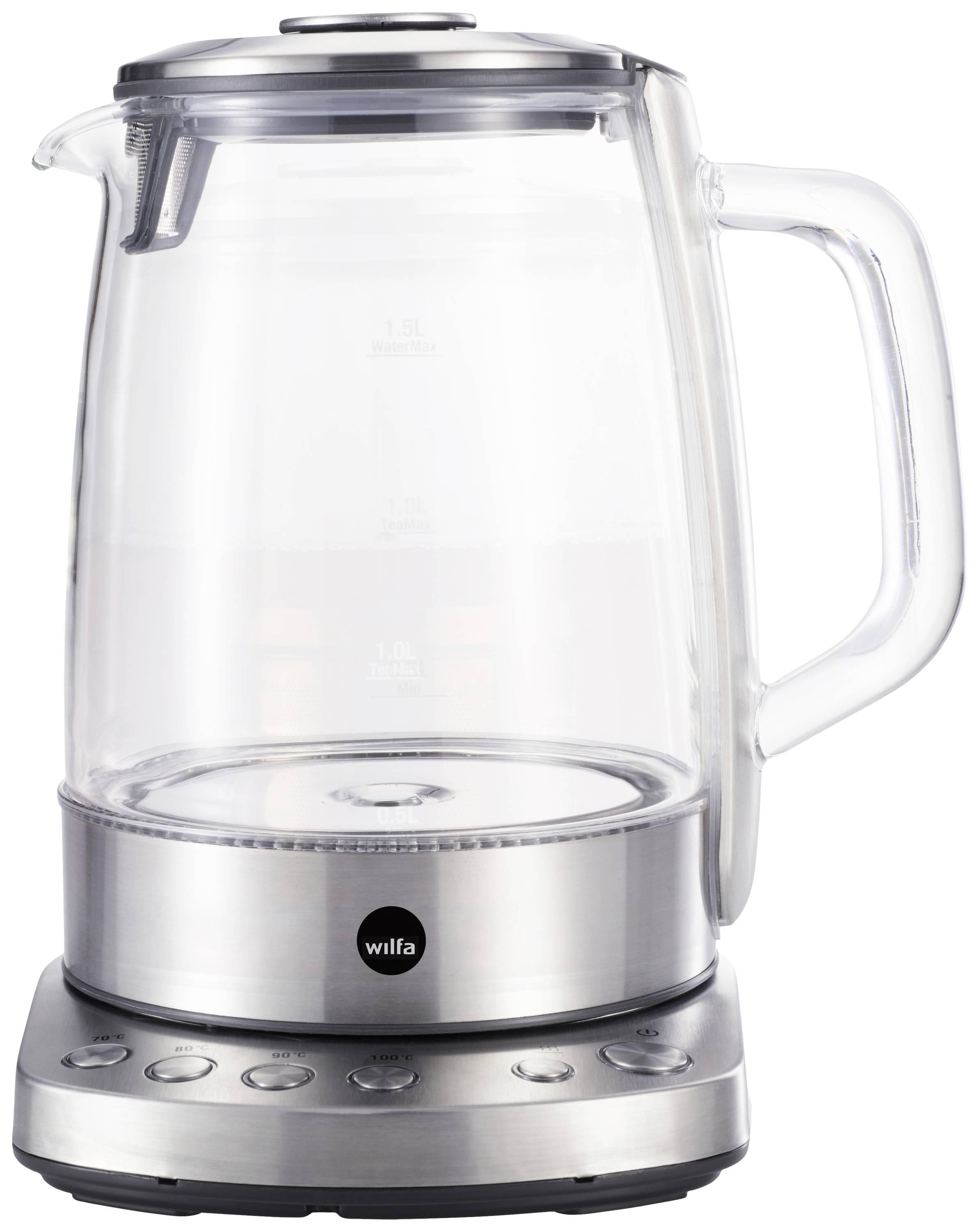 Ein transparenter Wasserkocher aus Glas mit Edelstahlbasis, mehreren Bedienknöpfen und Temperaturanzeige auf der Basis.