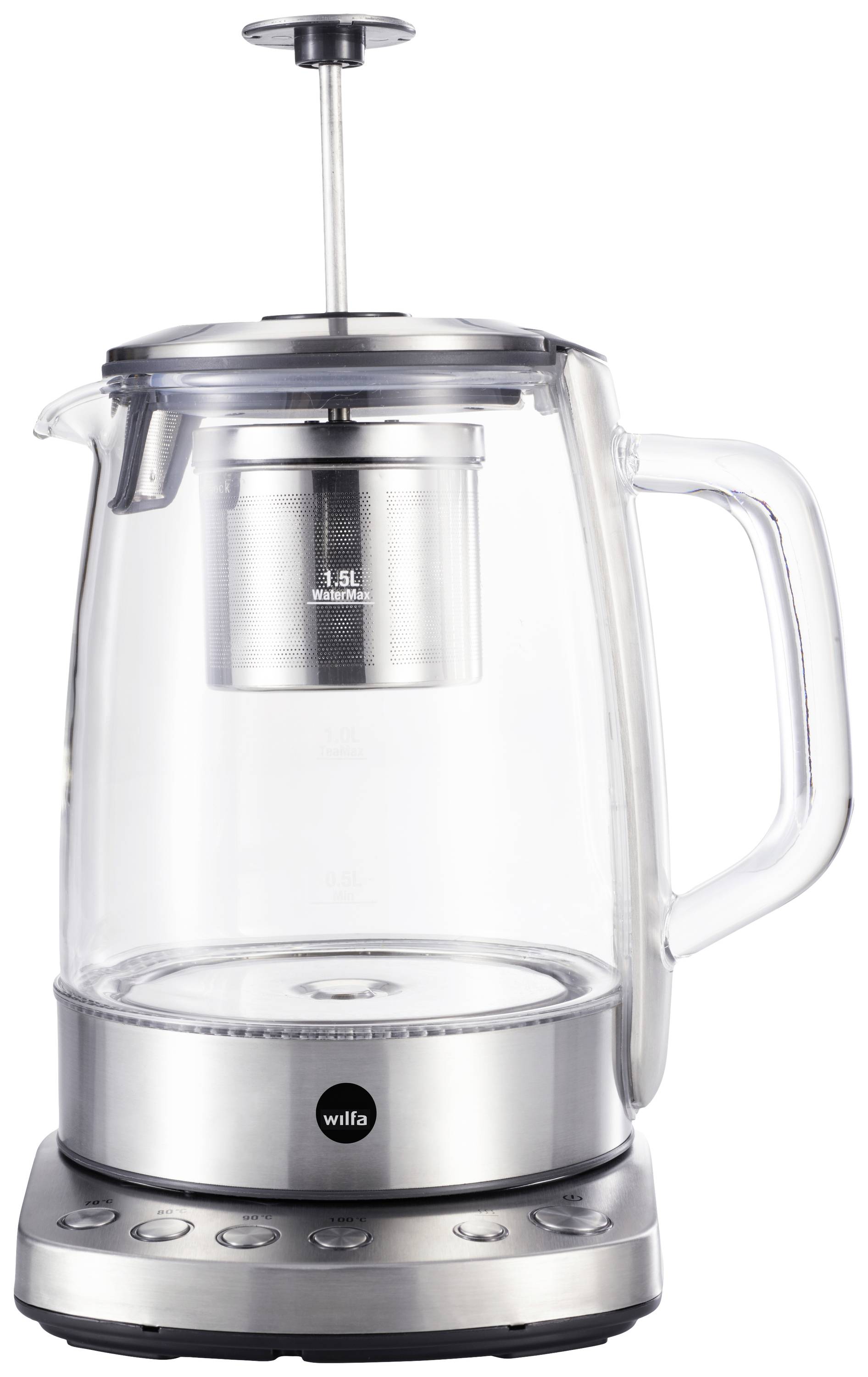 Elektrischer Wasserkocher mit Teesieb, transparentem Kessel und Metallbasis, für 1,5 Liter, mit Bedienknöpfen an der Basis.