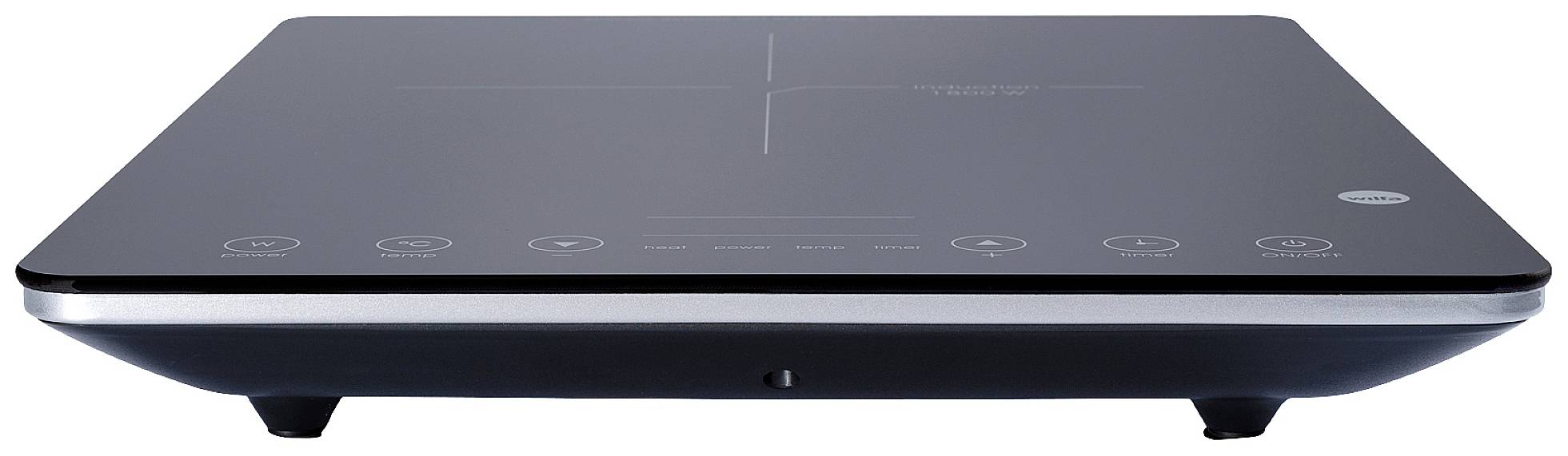 Schwarze tragbare Induktionskochplatte mit Touch-Bedienfeld und digitaler Anzeige, geeignet für schnelle und energieeffiziente Zubereitungen.