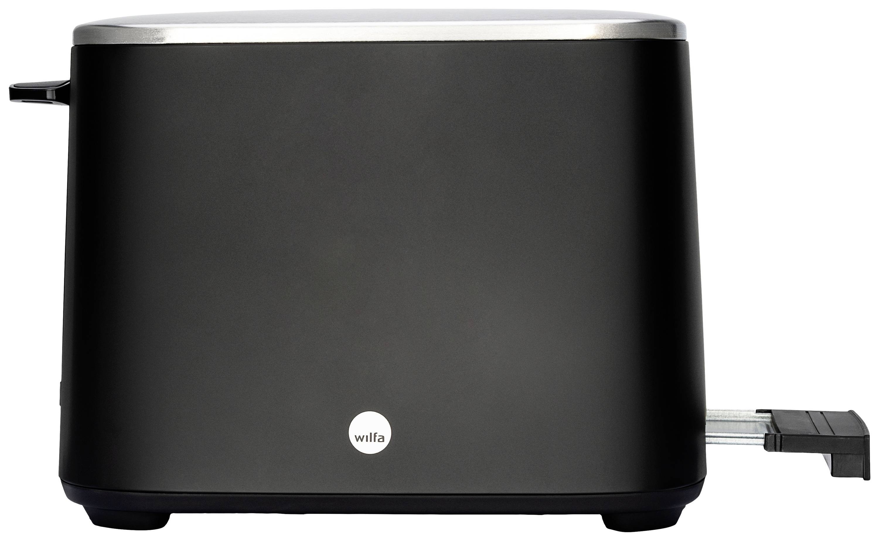 Schwarzer Toaster mit glänzendem oberen Rand und Logo 'Wilfa'. Gerät steht auf einer glatten Oberfläche.
