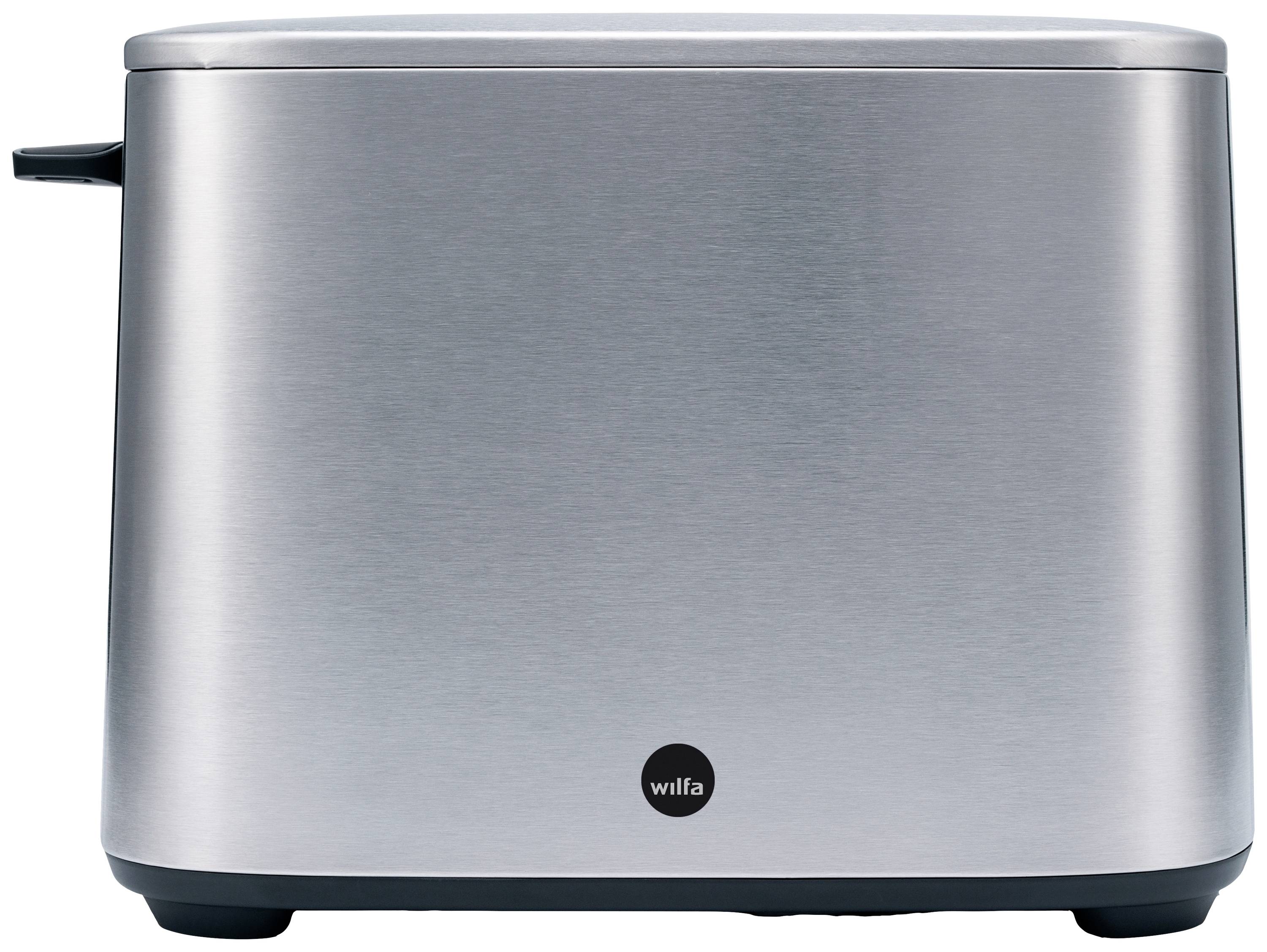 Ein silberner Toaster mit glänzender Metalloberfläche und einem Hebel an der Seite. Das Logo 'wilfa' ist unten sichtbar.