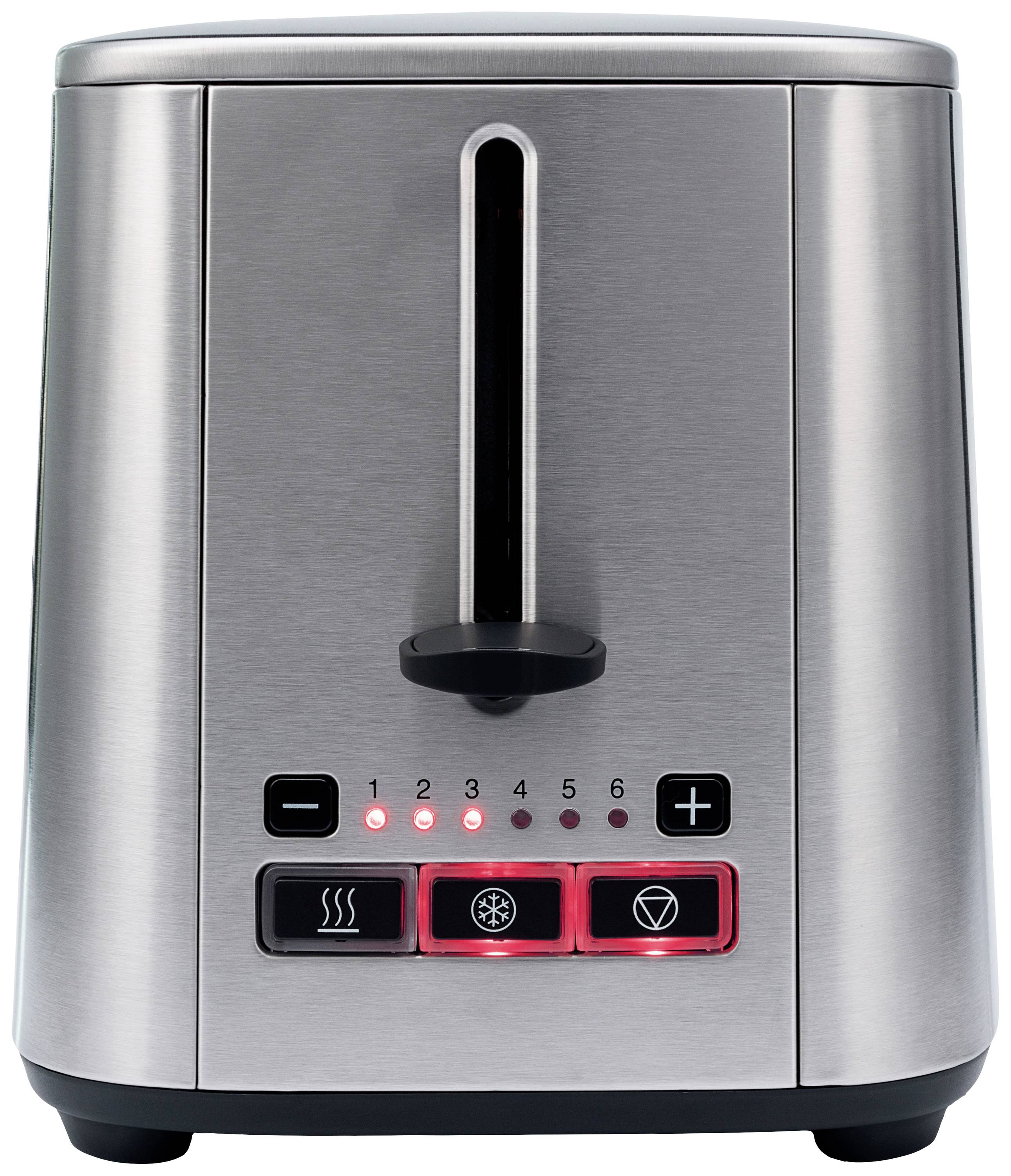 Ein silberner Toaster mit sechs Bräunungsstufen, Heiz- und Abtau-Funktionstasten, sowie einem Brötchenaufsatzsymbol.