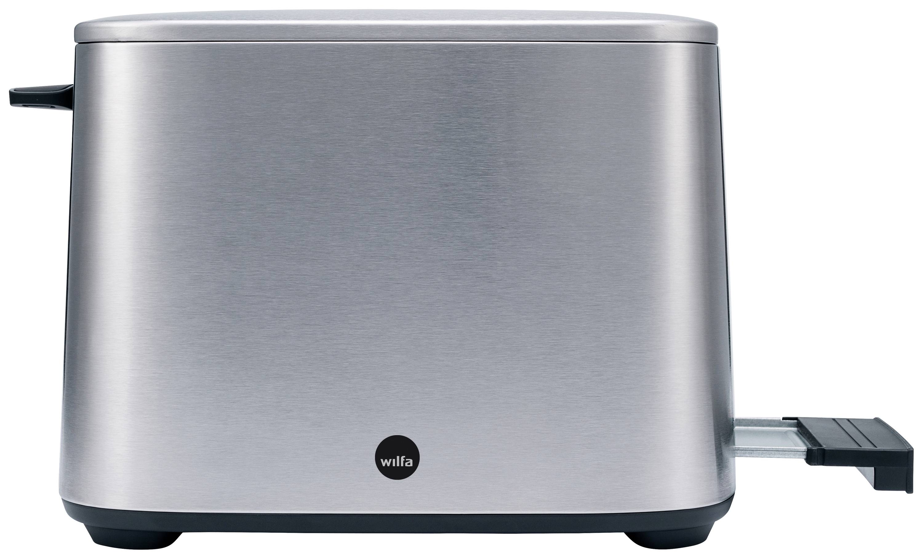 Silberner Toaster mit seitlichem Hebel und herausziehbarer Krümelschublade.