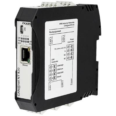 Ein industrielles Netzwerkgerät mit Anschlusspunkten und Ethernet-Anschluss, beschriftet mit 'CAN@net NT 420' von HMS Industrial Networks.