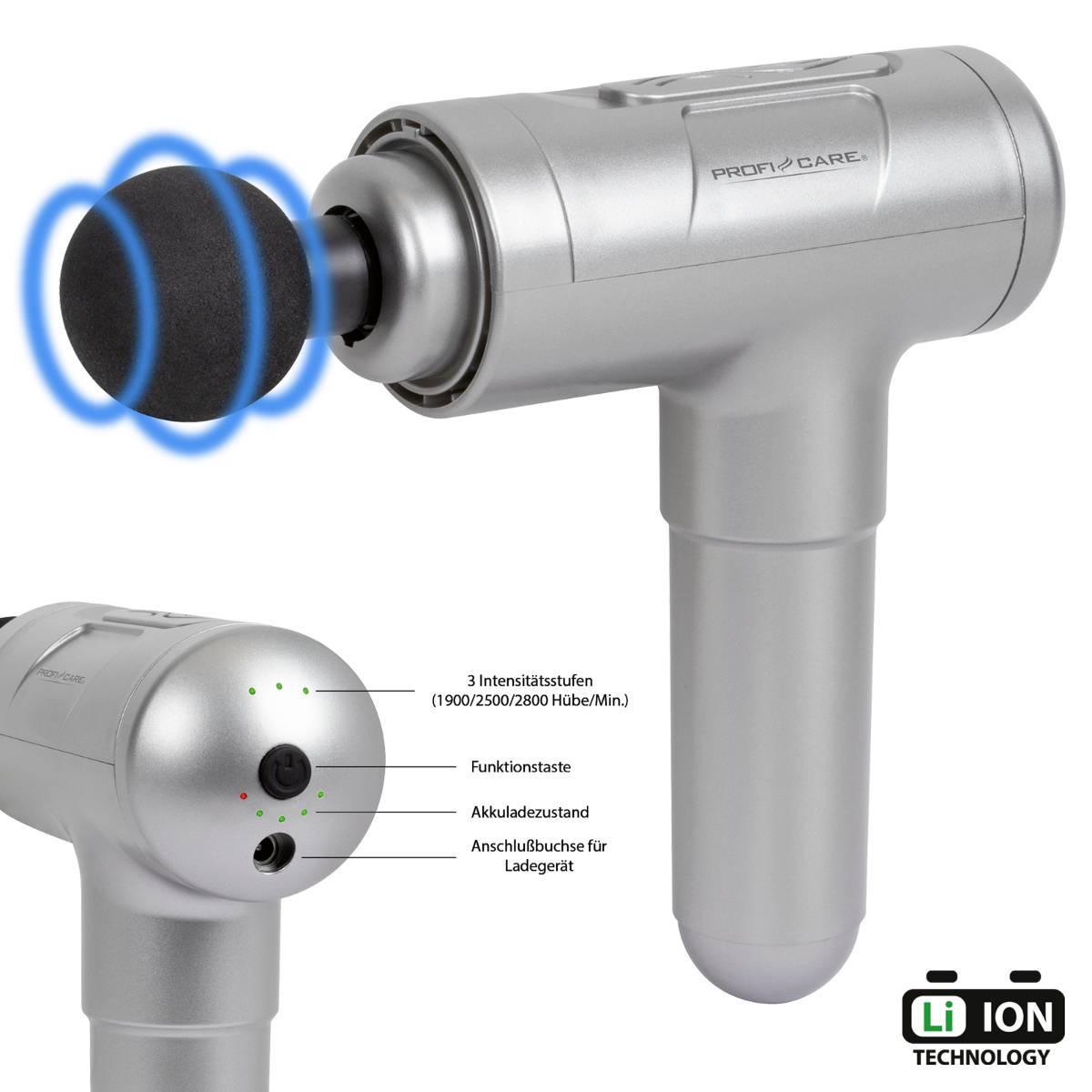 Massagegerät in silberner Farbe mit abnehmbaren Aufsätzen und drei Intensitätsstufen. Akku-Status und Ladeanschluss sind sichtbar.