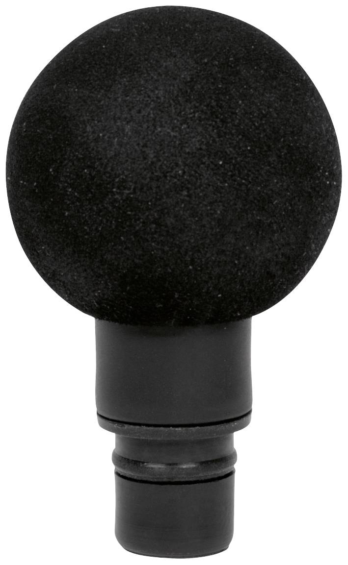 Schwarzes Mikrofon mit rundem, gepolstertem Kopf und kurzem Griff.