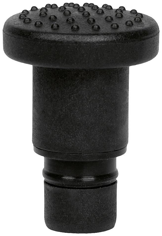 Ein schwarzer Gummigriff mit genoppter Oberfläche, zylindrische Form und breiter Basis. Geräteteil zur sicheren Bedienung.