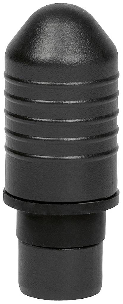 Schwarzes, zylinderförmiges Objekt mit geriffelter Oberfläche. Es ähnelt einem Schutzkappen- oder Stoßdämpfer-Design.