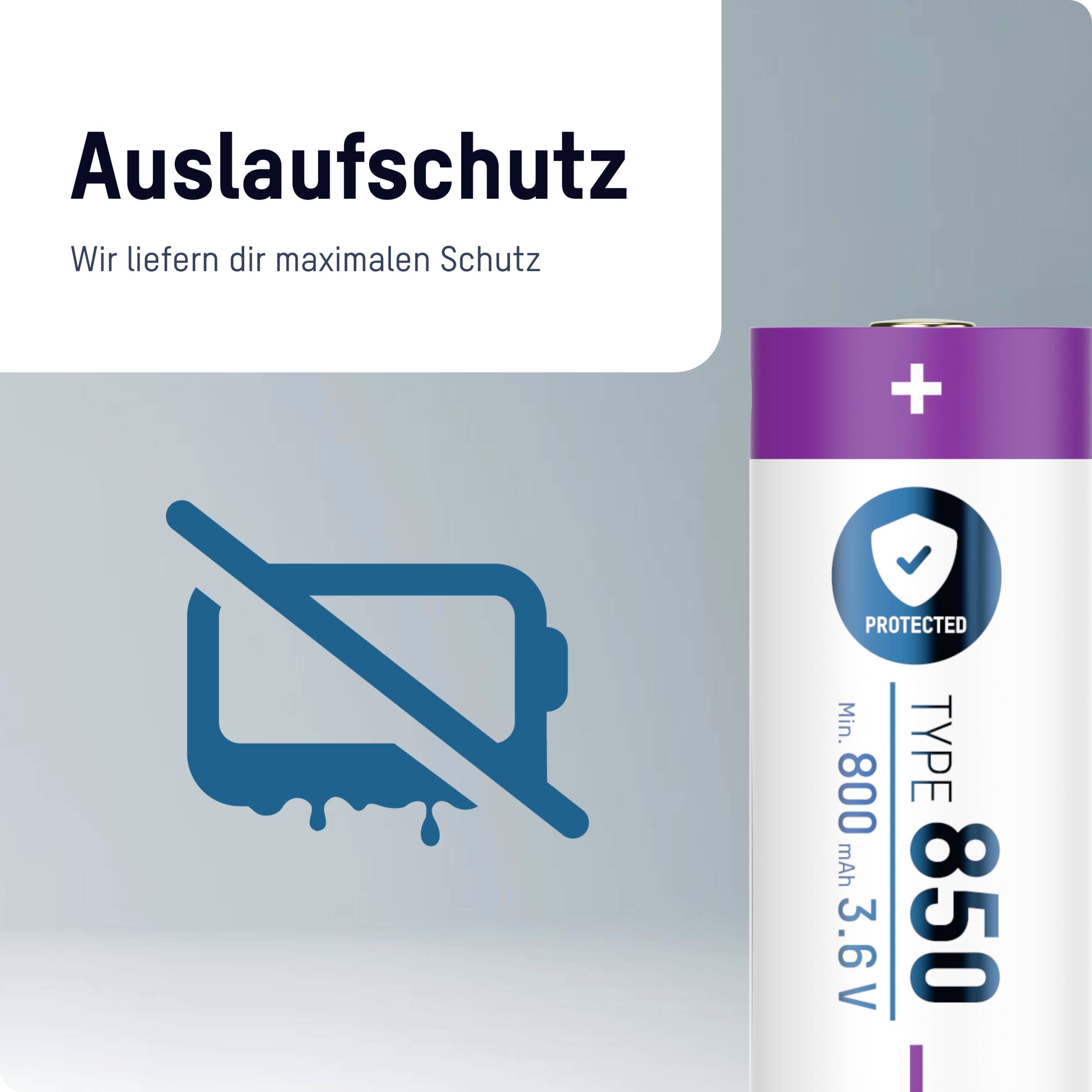 'Akku mit Auslaufschutz' Schriftzug, neben einem Symbol für auslaufsicheren Betrieb und einer stilisierten Batterie mit Spezifikationen.