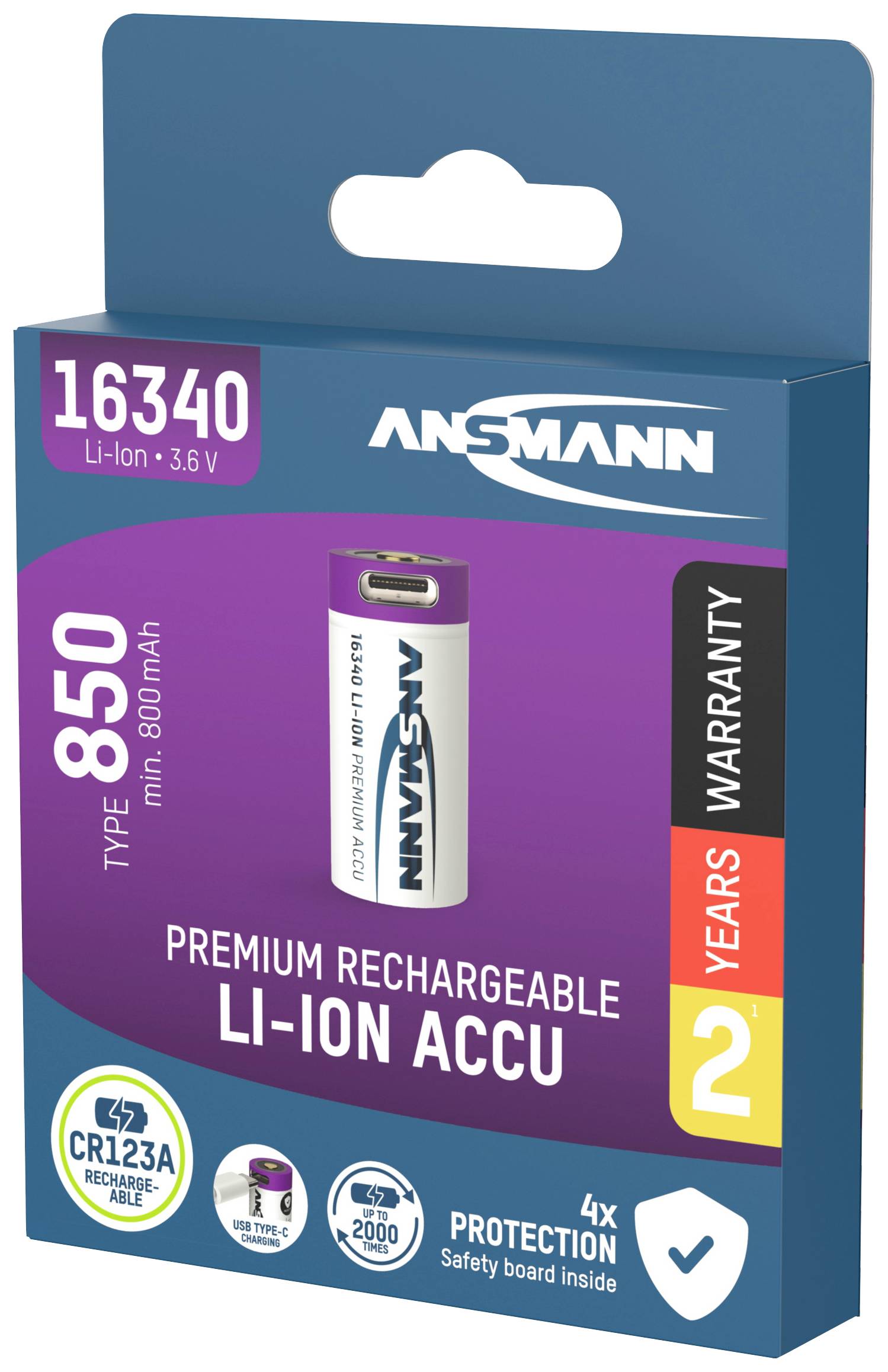 Eine blaue Verpackung mit einer wiederaufladbaren 16340 Lithium-Ionen-Batterie von Ansmann. Kapazität: 850 mAh, Spannung: 3,6V.