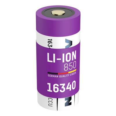 Lila Lithium-Ionen-Batterie mit der Aufschrift 'LI-ION 850' und 'German Quality Check', Modellnummer 16340.