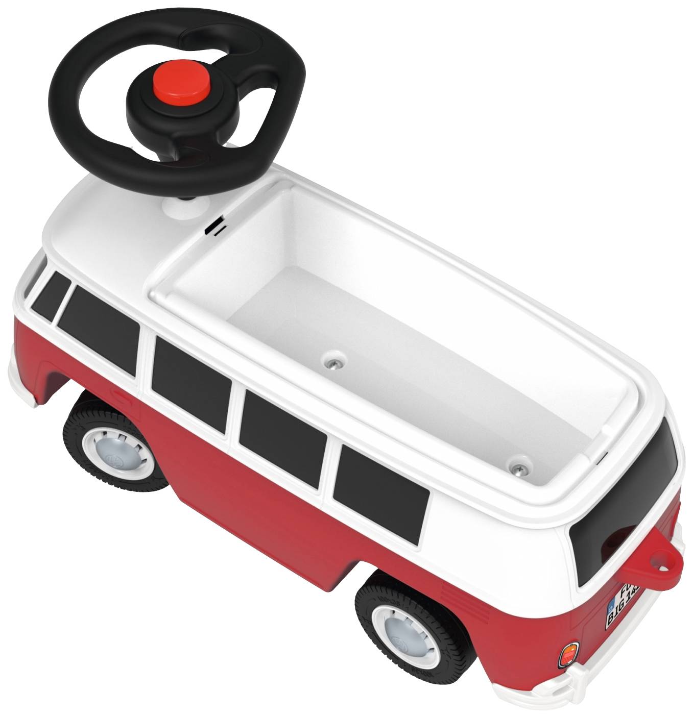 Ein rotes Spielzeugauto in Form eines klassischen Busses mit einem Lenkrad auf der Oberseite.
