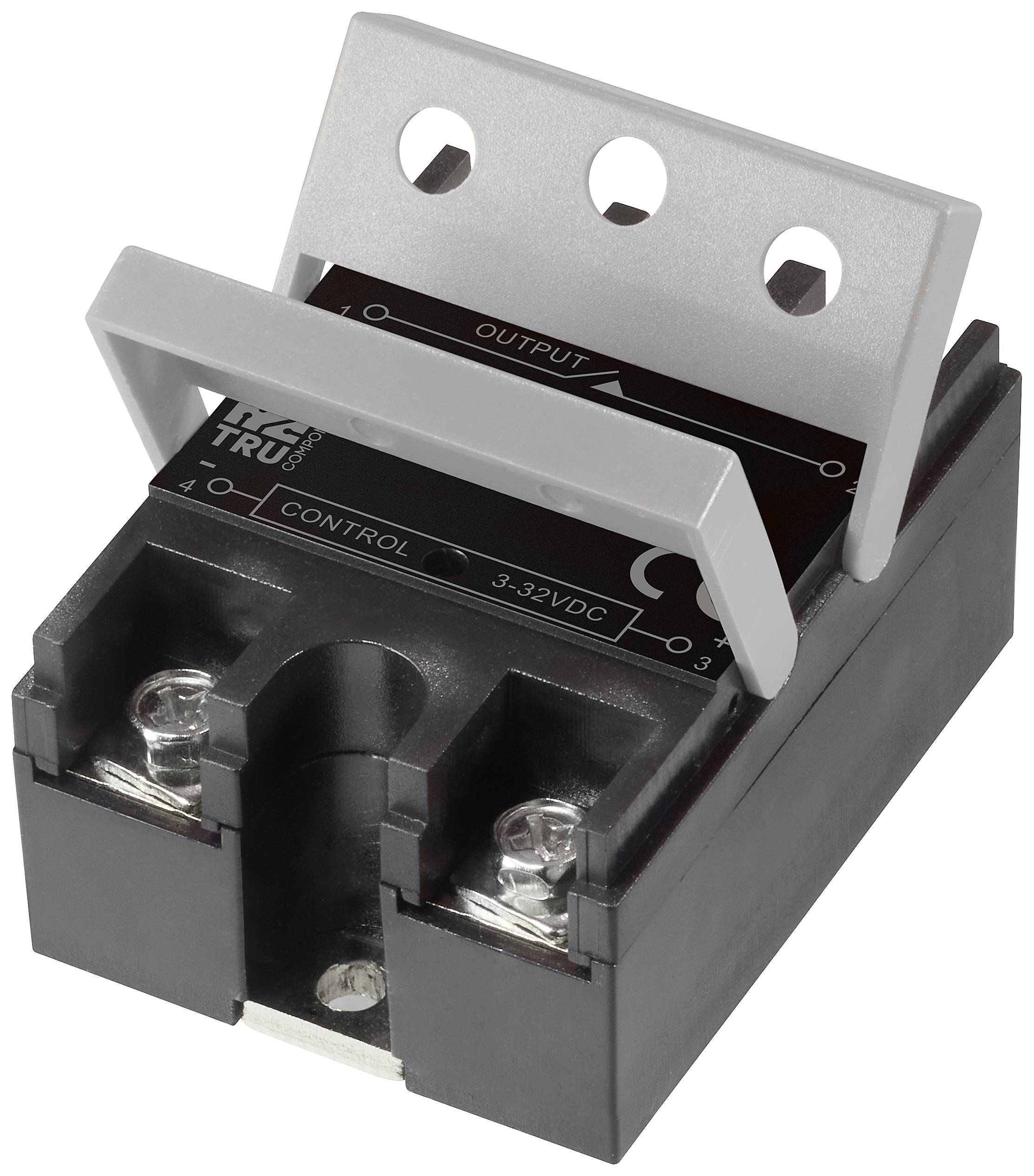Ein Halbleiterrelais mit Schraubanschlüssen, Aufdruck '3-32VDC Control', 'Output' und Anschlussstellen für elektronische Schaltungen.
