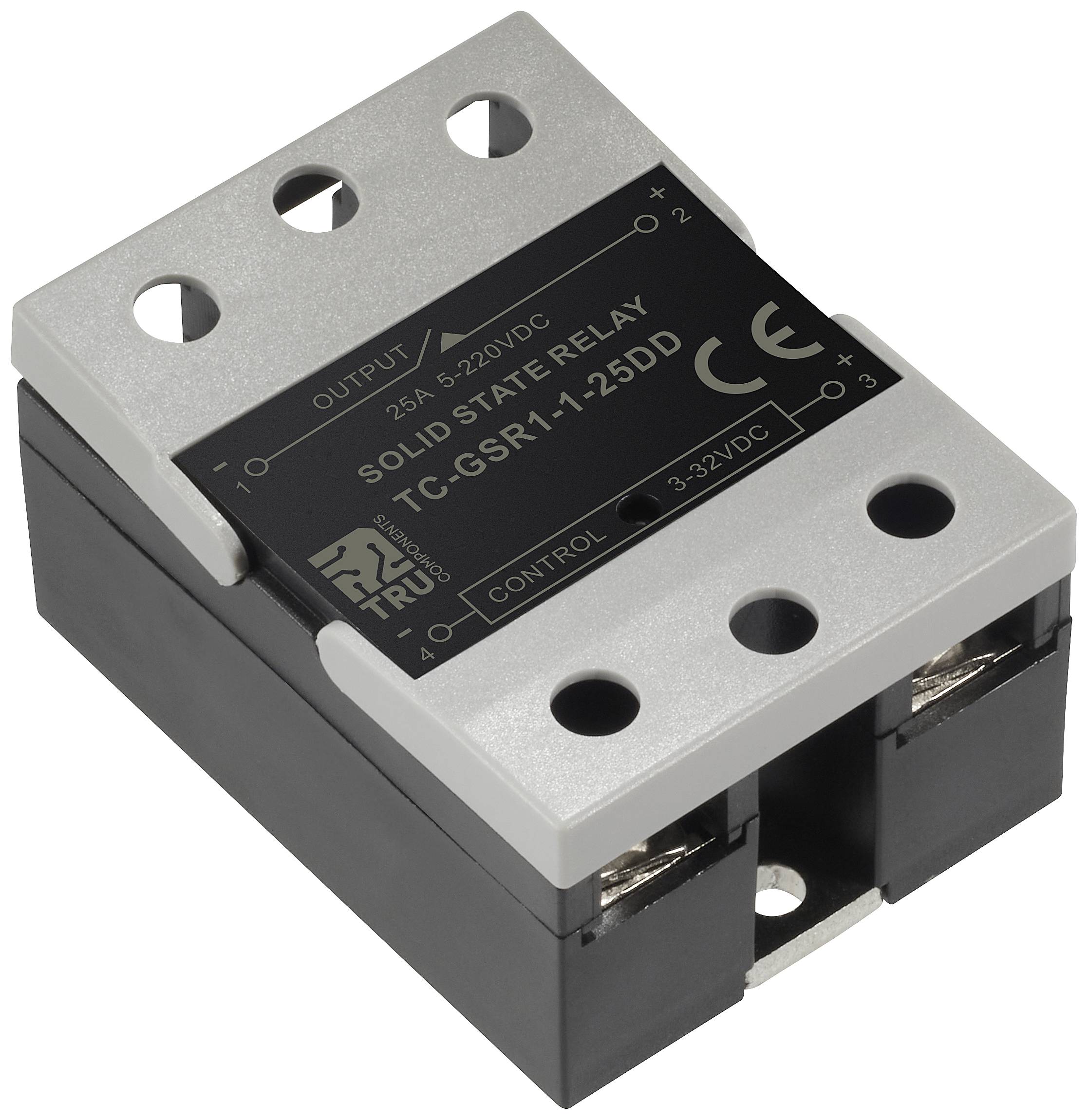 Ein feststehendes Relais (Solid State Relay) mit Silber- und Schwarztönen, zeigt Spezifikationen und Anschlüsse auf der Oberseite.