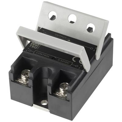 Eine rechteckige Halbleiterrelais-Einheit mit zwei Anschlüssen ist abgebildet, die für Steuerungsanwendungen in elektrischen Systemen verwendet wird.