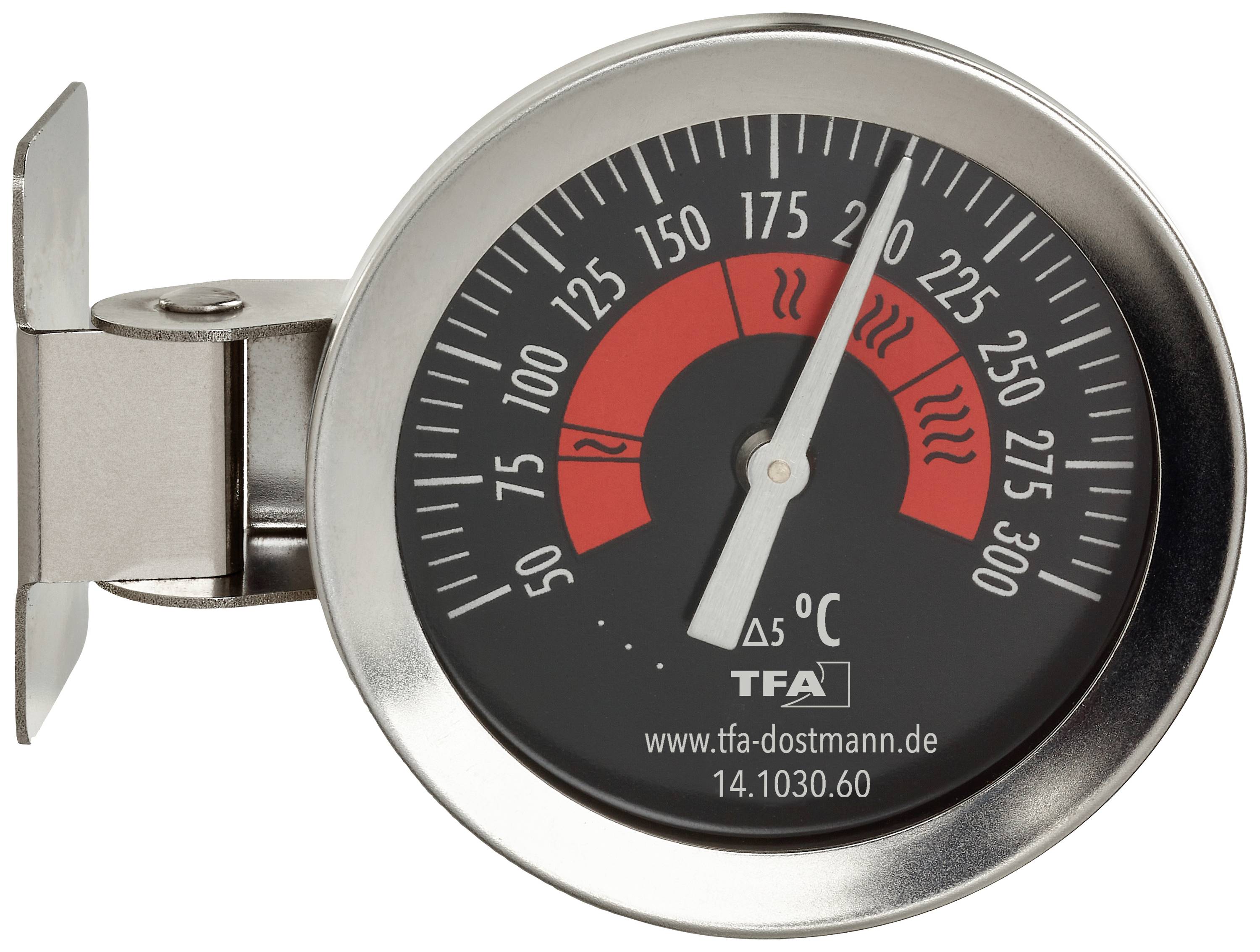 Ein Grillthermometer zeigt 150 Grad Celsius. Das Zifferblatt hat rote und schwarze Markierungen von 50 bis 300 Grad Celsius.