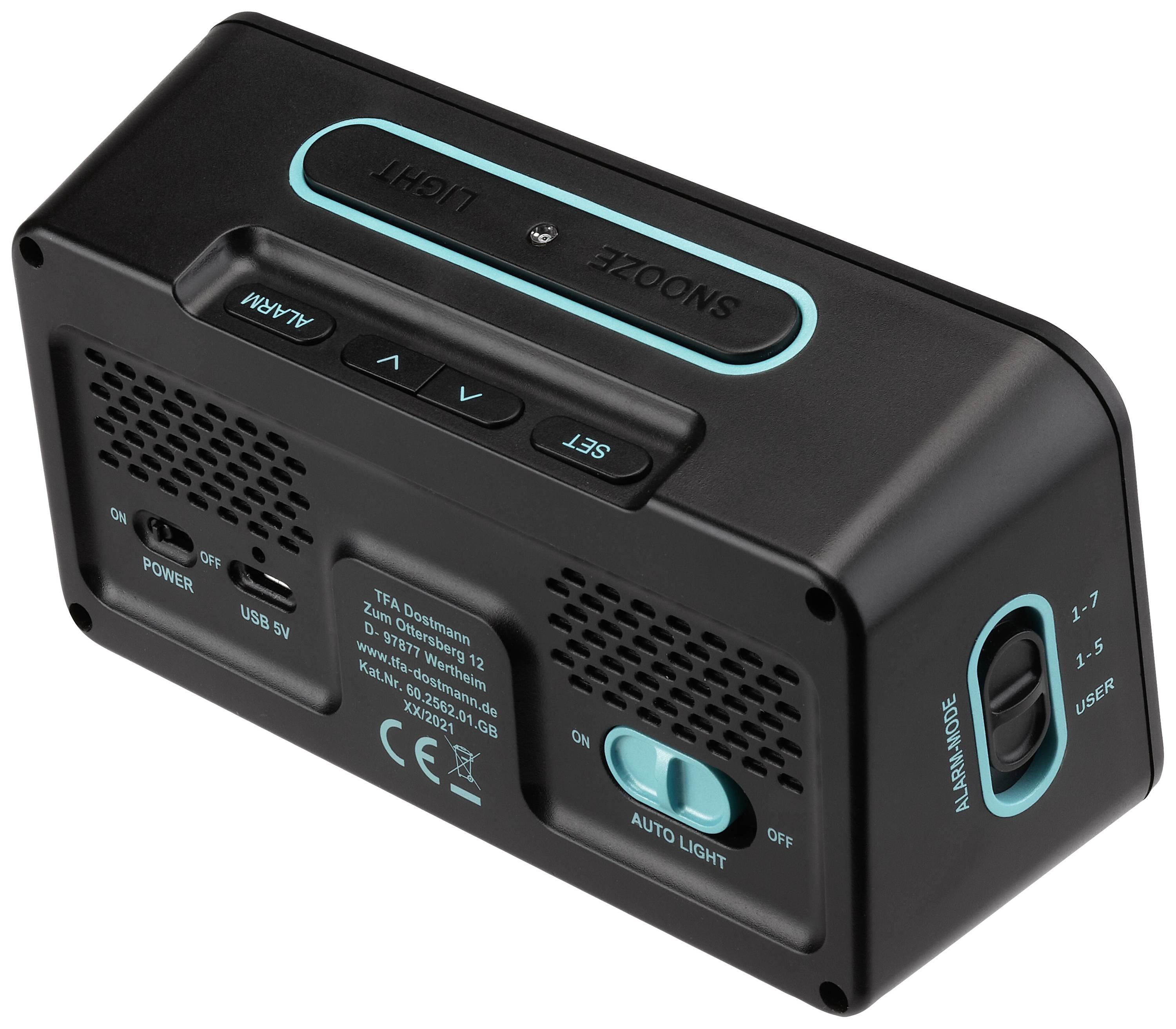 Schwarzes, rechteckiges Gerät mit blauen Akzenten. Zeigt eine große 'Snooze/Light'-Taste, Lautsprecher, Schalter und USB-Anschluss.