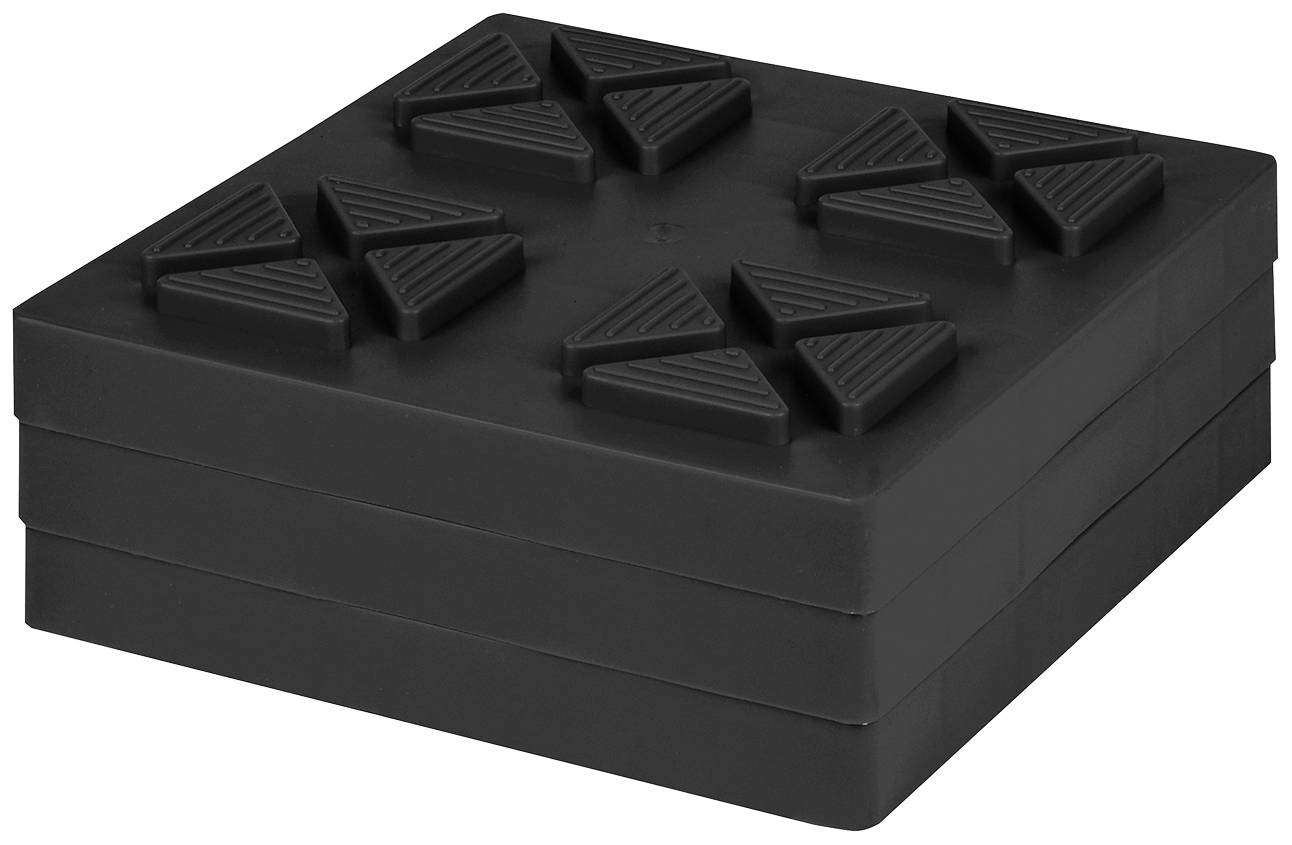 Schwarzes, quadratisches Gummipolster mit erhabenen Dreiecken zur Stabilisierung und Vermeidung von Vibrationen.