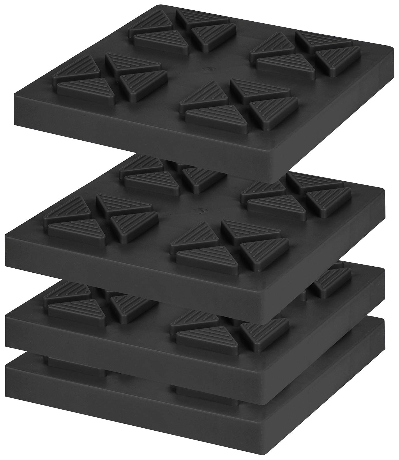 Vier schwarze Gummipads mit dreieckigem Muster, stapelbar. Sie dienen als vibrationsdämpfende Unterlagen für Geräte oder Maschinen.