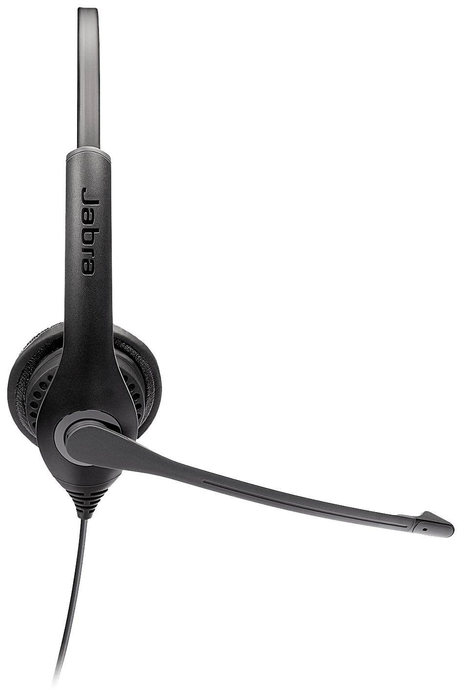 Ein schwarzes Headset mit Mikrofonarm, markiert als Jabra, hauptsächlich für Anrufe oder Büroanwendungen.