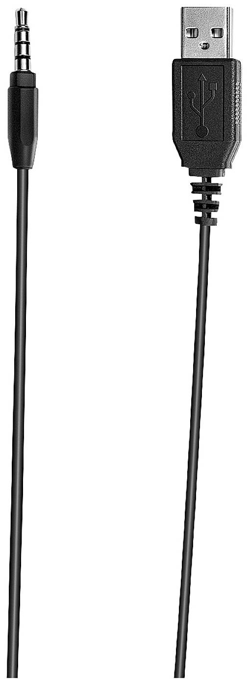 Schwarzes Kabel mit USB-Stecker auf der einen Seite und 3,5-mm-Audiostecker auf der anderen, zeigt Verbindungsoptionen.
